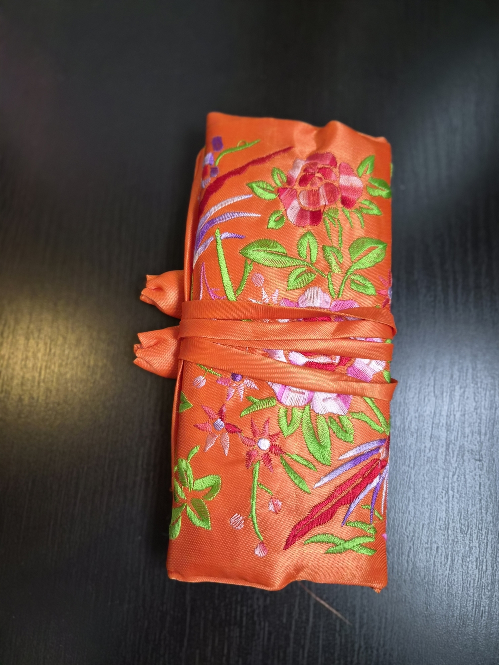 Orange Embroidered Silk Floral Clutch